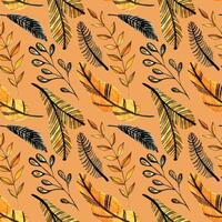 Watercolor seamless pattern with orange and black leaves on the orange background. Christmas tree branch pattern. Perfect for greeting cards, invitation, wrapping paper, textile vector