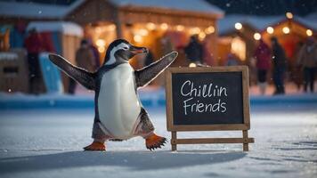 A cheerful penguin stands beside a chalkboard sign saying Chillin Friends in a snowy setting nature photo