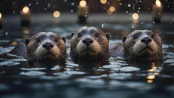 Three otters swimming together in a serene setting with soft lighting nature photo