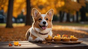 A happy corgi sits beside bowls of food in a picturesque autumn setting. photo
