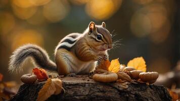 A chipmunk munching on nuts amidst autumn leaves on a log, with a soft bokeh background. photo