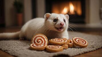 A playful white ferret surrounded by spiral cookies in a cozy setting. photo
