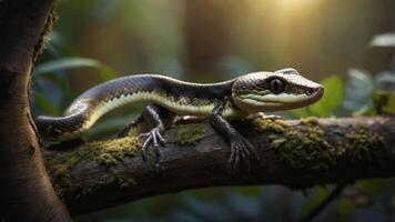 A close-up of a sleek lizard resting on a mossy branch in a lush forest setting. photo