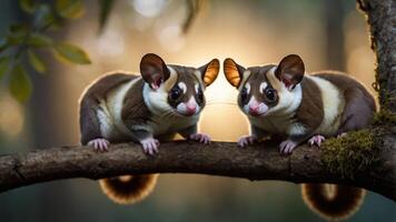 Two sugar gliders perched on a branch, illuminated by soft sunlight in a forest setting. photo
