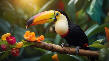 A colorful toucan perched on a branch amidst vibrant flowers in a lush tropical setting. photo