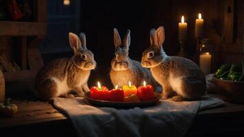Three rabbits gathered around colorful candles in a cozy, dimly-lit setting. photo