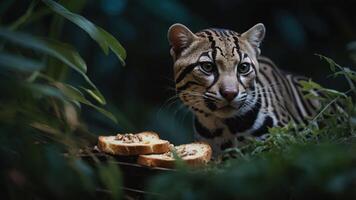 A close-up of an ocelot near slices of bread in a lush, green environment. photo