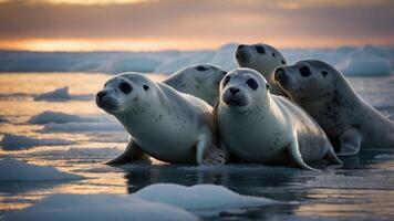 A group of seals resting on ice, with a serene sunset in the background. photo