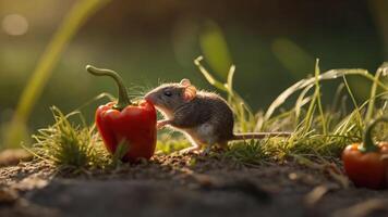 A small mouse interacts with a red bell pepper in a natural setting. photo