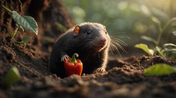 A small mammal holds a bell pepper while sitting in soil surrounded by plants. photo