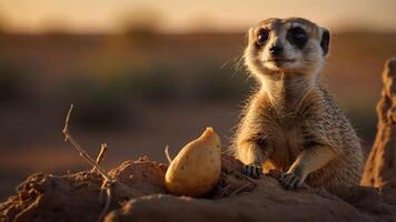 A meerkat curiously gazes at a small object in a desert landscape during sunset. photo