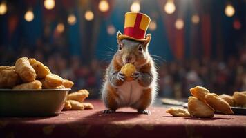 A whimsical squirrel in a top hat holds a snack, surrounded by food in a festive setting. photo