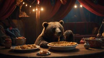 A bear enjoying a feast at a rustic table, surrounded by warm lighting and cozy decor. photo