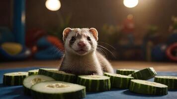 A playful ferret surrounded by sliced cucumbers in a cozy setting. photo