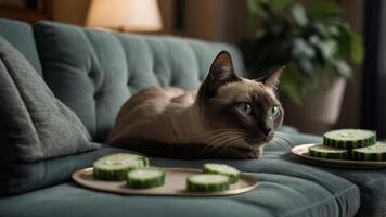 A relaxed cat lounges on a couch surrounded by cucumber slices on plates. photo