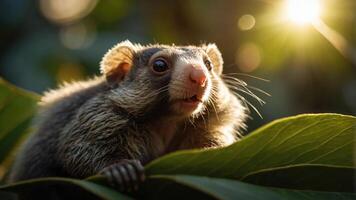 A close-up of a small mammal perched on a leaf, illuminated by soft sunlight. photo