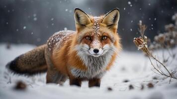 A close-up of a fox in a snowy landscape, showcasing its vibrant fur and expressive eyes. photo