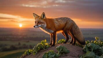 A fox stands on a hill at sunset, showcasing its vibrant fur against a scenic backdrop. photo