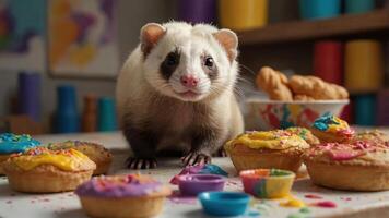 A playful ferret surrounded by colorful cupcakes and sprinkles. photo
