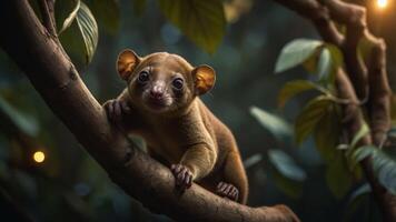 A close-up of a small mammal perched on a tree branch in a lush environment. photo