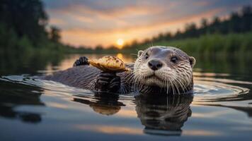An otter floating in water at sunset, holding a shellfish in its paws. photo