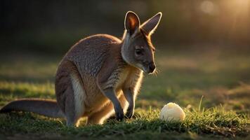 A kangaroo curiously approaches a small object on the grass during sunset. photo