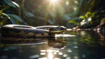 A close-up of a snake in a serene, sunlit jungle setting, reflecting in the water. photo