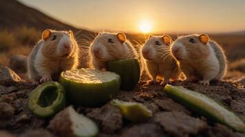 Four adorable guinea pigs enjoying fresh cucumbers at sunset in a natural setting. photo