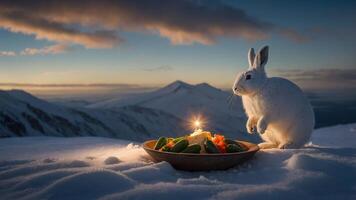 A serene scene of a rabbit beside a colorful vegetable platter in a snowy landscape at dusk. photo