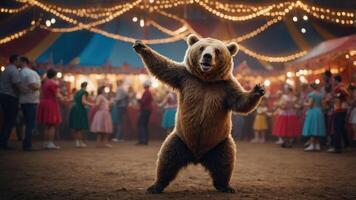 A dancing bear in a circus setting with colorful lights and people enjoying the performance. photo