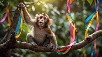 A playful monkey holding colorful ribbons on a branch in a lush environment. photo