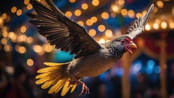 A bird in mid-flight with vibrant feathers, set against a backdrop of colorful lights. photo