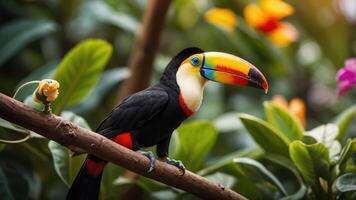 A vibrant toucan perched on a branch amidst lush tropical foliage. photo