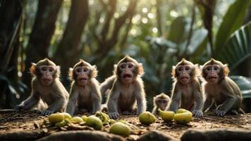 A group of five monkeys sitting on the ground surrounded by fruit in a forest setting. photo