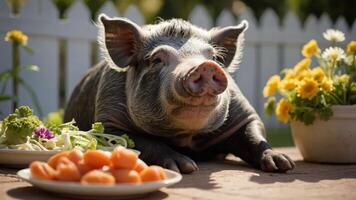 A relaxed pig enjoying a meal of vegetables in a sunny outdoor setting. photo