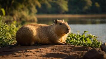 A capybara resting by the water's edge in a serene natural setting. photo