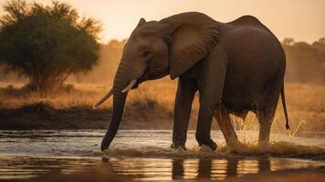 An elephant wades through water during sunset, creating a serene wildlife scene. photo