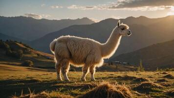 A serene alpaca stands in a grassy field with mountains and sunset in the background. photo