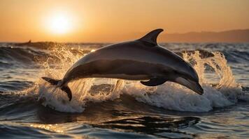 A dolphin leaps from the ocean at sunset, creating a beautiful and dynamic scene. photo