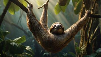 A sloth hangs from a tree in a lush, green jungle, illuminated by soft sunlight. photo