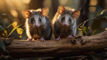 Two marsupials perched on a log in a sunlit forest setting. photo