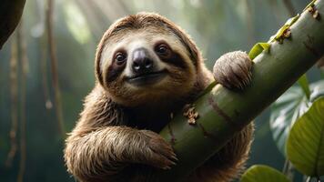 A sloth clings to a bamboo stalk, showcasing its gentle demeanor in a lush environment. photo