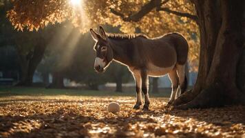 A donkey stands amidst autumn leaves, illuminated by sunlight filtering through trees. photo