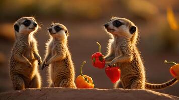 Three meerkats holding colorful peppers in a natural setting during golden hour. photo
