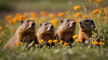 Four groundhogs sitting in a field of yellow flowers, appearing curious and engaged. photo