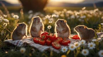 Four hamsters enjoying a picnic with tomatoes in a sunny meadow. photo
