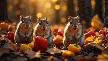 Three chipmunks surrounded by colorful peppers and autumn leaves in a forest setting. photo
