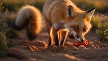A fox holds a tomato in its mouth while walking through a natural landscape at sunset. photo