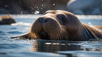 A close-up of a walrus swimming in clear water, showcasing its whiskers and expressive face. photo