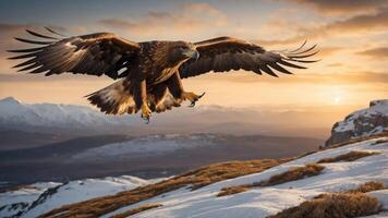 A majestic eagle soars over a snow-covered landscape at sunset. photo
